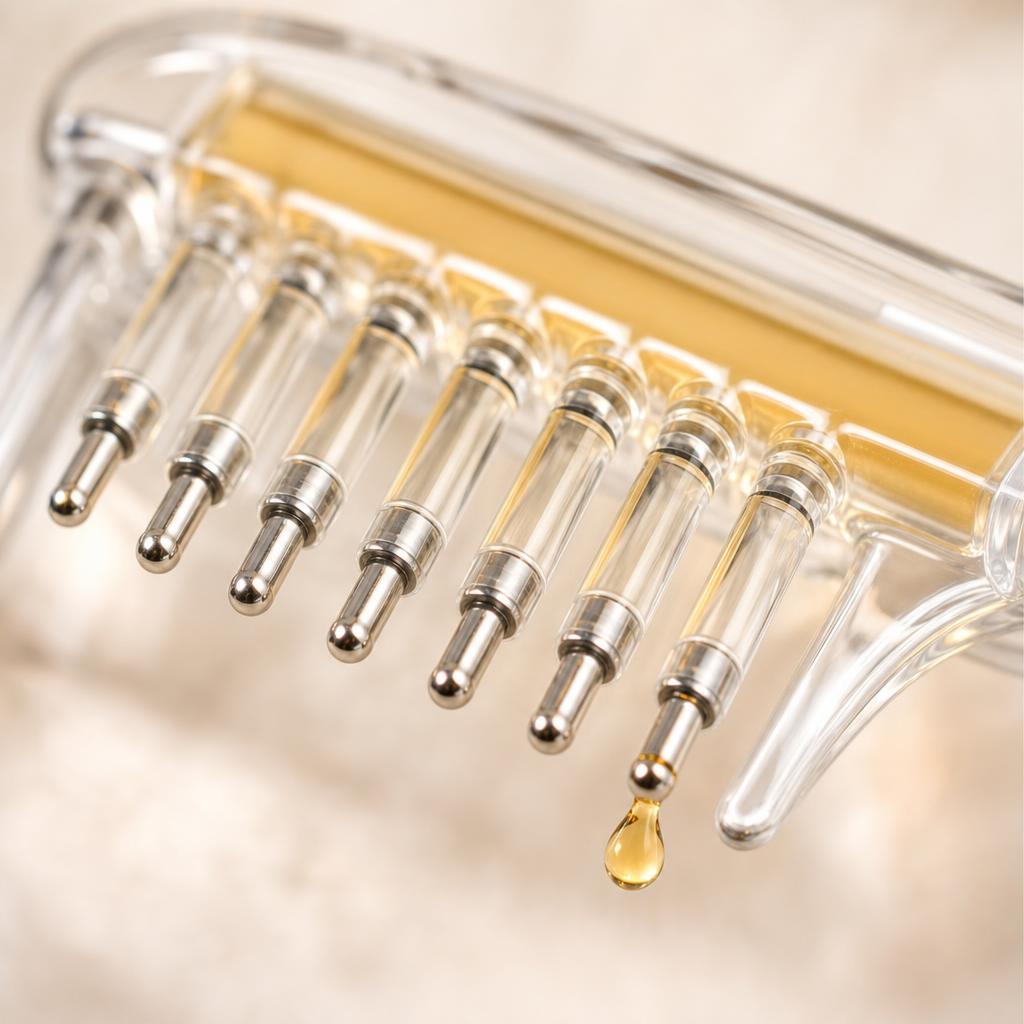 Detalle de las puntas metálicas de Oleovita dosificando aceite