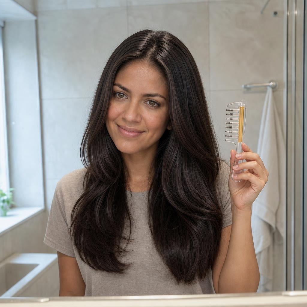La misma mujer con el pelo limpio y brillante usando Oleovita