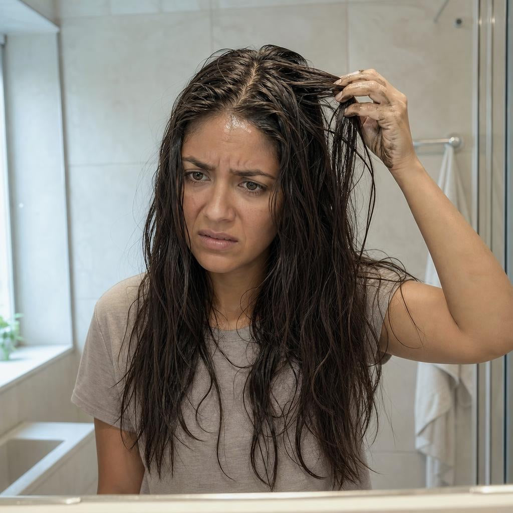Mujer con el pelo grasiento tras aplicar el aceite con las manos